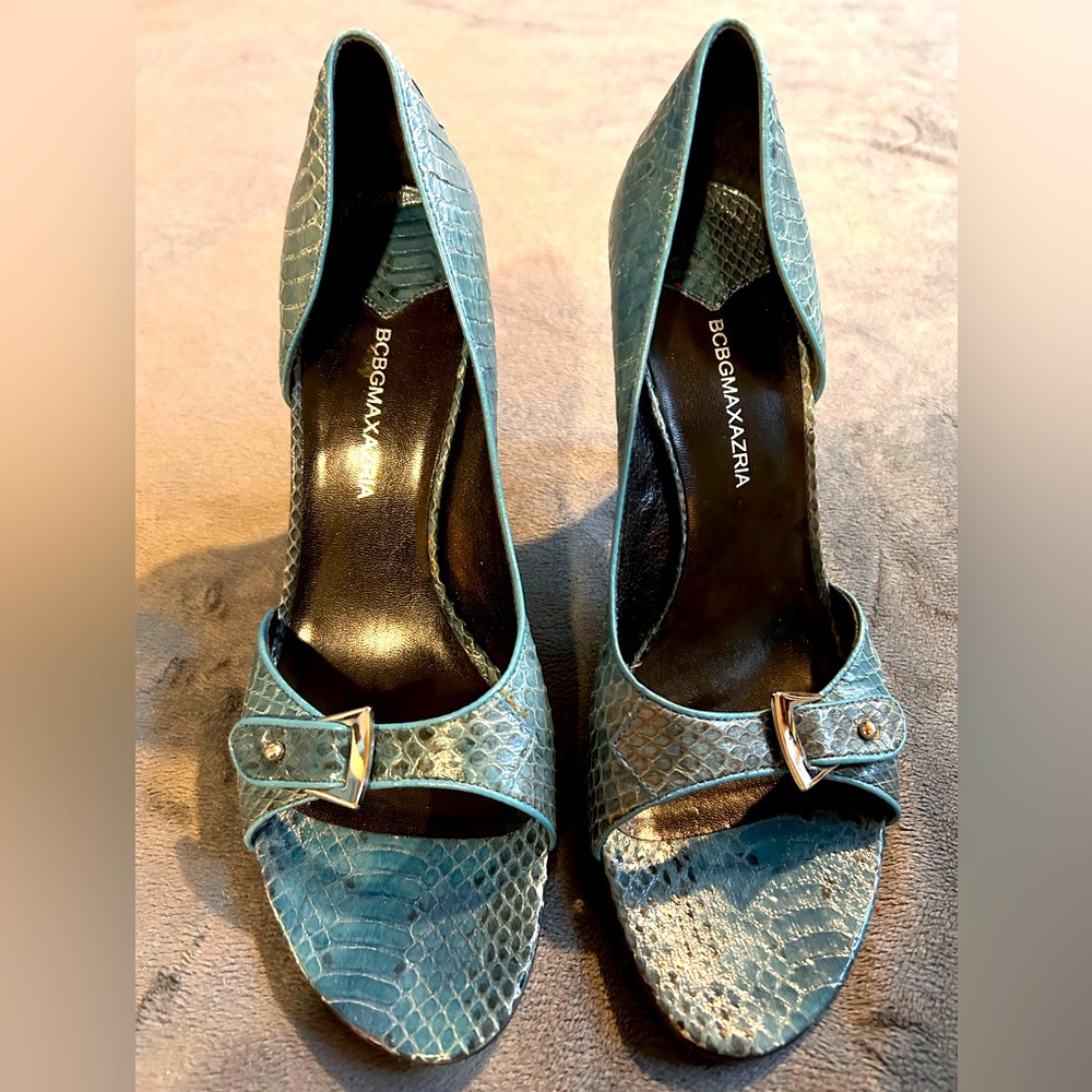 Vintage BCBGMaxazria Turquoise Faux Snakeskin Open Toe High Heel